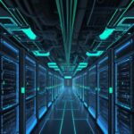 High-angle view of a massive, futuristic data center with glowing blue and green supercomputers, symbolizing immense computational power and infrastructure scale.