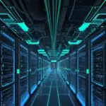 High-angle view of a massive, futuristic data center with glowing blue and green supercomputers, symbolizing immense computational power and infrastructure scale.