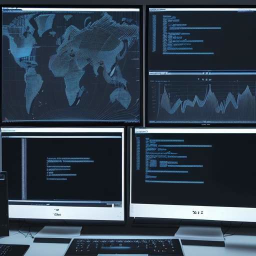Modern workspace featuring three glowing digital screens displaying code, a document, and a real-time world map, symbolizing advanced AI research and data analysis.