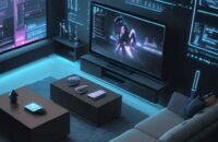 Overhead view of a modern TV screen displaying a futuristic, interconnected interface of glowing data streams, symbolizing intelligent media curation and unified content management.