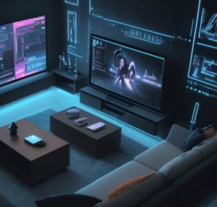 Overhead view of a modern TV screen displaying a futuristic, interconnected interface of glowing data streams, symbolizing intelligent media curation and unified content management.