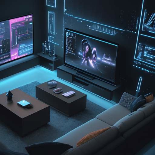 Overhead view of a modern TV screen displaying a futuristic, interconnected interface of glowing data streams, symbolizing intelligent media curation and unified content management.