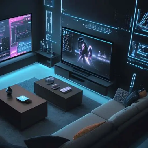 Overhead view of a modern TV screen displaying a futuristic, interconnected interface of glowing data streams, symbolizing intelligent media curation and unified content management.