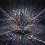 Overwhelming, glowing tangle of fiber optic cables representing complex, fragile data integrations and the risk of systemic failure.