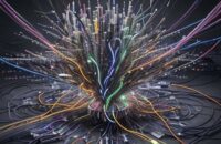 Overwhelming, glowing tangle of fiber optic cables representing complex, fragile data integrations and the risk of systemic failure.