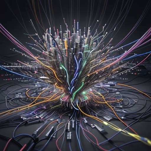 Overwhelming, glowing tangle of fiber optic cables representing complex, fragile data integrations and the risk of systemic failure.
