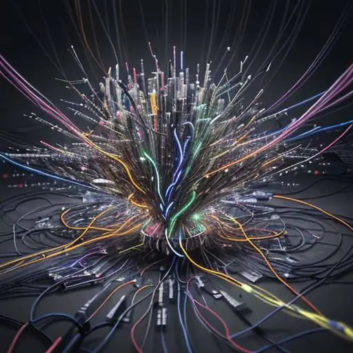 Overwhelming, glowing tangle of fiber optic cables representing complex, fragile data integrations and the risk of systemic failure.