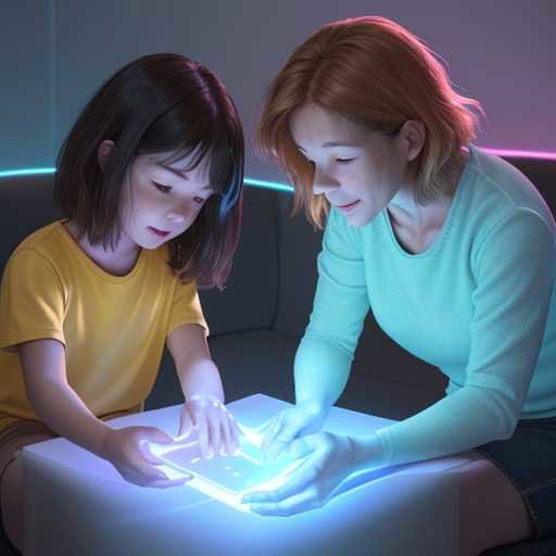 Parent, therapist, and child connect in a bright therapy session, with a subtle holographic interface visualizing data to support human interaction.