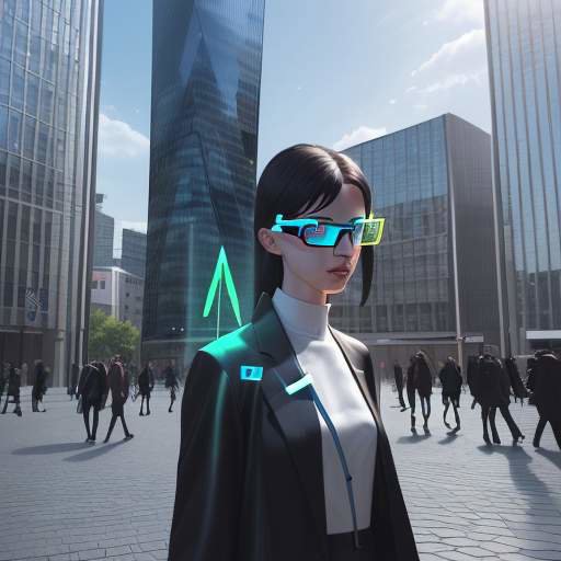 Person in a city square wearing AR glasses projecting holographic data overlays onto modern architecture, illustrating seamless digital integration.