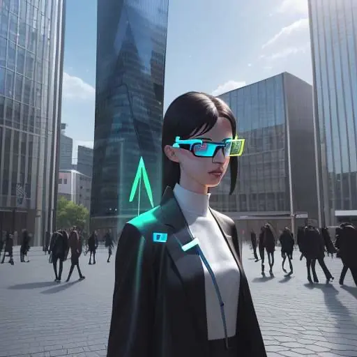 Person in a city square wearing AR glasses projecting holographic data overlays onto modern architecture, illustrating seamless digital integration.