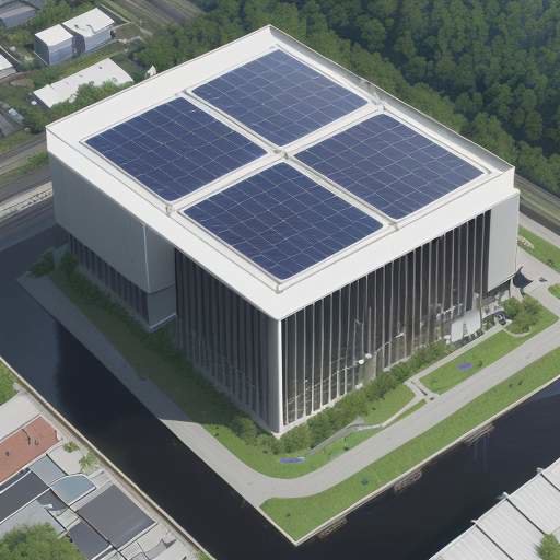 Utopian rendering of a sustainable data center integrated into a green city, showing solar panels and waste heat channeled to a community greenhouse.