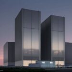 Vast, futuristic data center at dusk, showcasing massive scale and complex infrastructure, with workers reviewing digital schematics in the foreground.