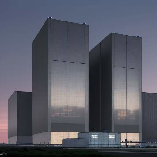 Vast, futuristic data center at dusk, showcasing massive scale and complex infrastructure, with workers reviewing digital schematics in the foreground.