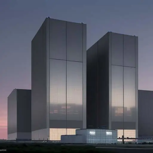 Vast, futuristic data center at dusk, showcasing massive scale and complex infrastructure, with workers reviewing digital schematics in the foreground.