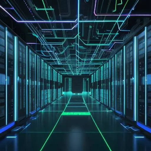 Vast, glowing data center filled with interconnected GPU racks, symbolizing the immense computational power driving modern AI infrastructure.