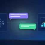 Illustration with chat bubbles, a neural network and a rising chart