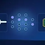 Illustration with a neural network, a magnifying glass and a processor chip