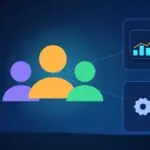 Illustration with a group of people, a rising chart and gears