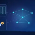 Illustration with a network of nodes, data center server racks and gears