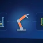 Illustration with an industrial robot arm, a factory and a processor chip