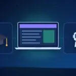Illustration with a laptop, a graduation cap and an AI robot