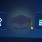 Illustration with a graduation cap, an AI robot and a stack of books