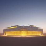 A futuristic datacentre in the Arabian desert at sunset, showcasing resilient, state-led infrastructure with sleek white architecture and glowing blue servers amidst golden sand dunes.
