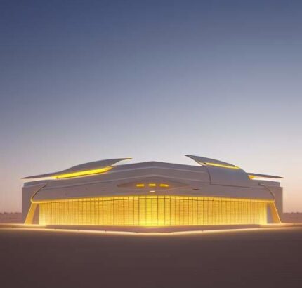 A futuristic datacentre in the Arabian desert at sunset, showcasing resilient, state-led infrastructure with sleek white architecture and glowing blue servers amidst golden sand dunes.