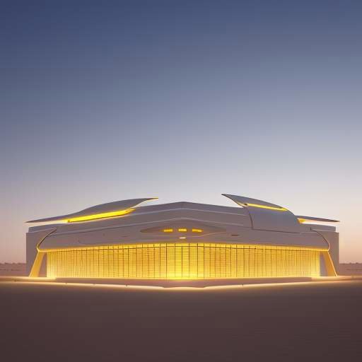 A futuristic datacentre in the Arabian desert at sunset, showcasing resilient, state-led infrastructure with sleek white architecture and glowing blue servers amidst golden sand dunes.