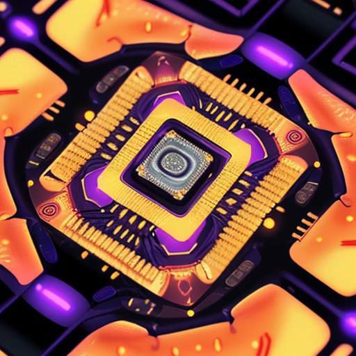 A macro shot of a sovereign AI processor chip glowing with purple and gold neural patterns, symbolizing independent national security and domestic computational power against a blurred server background.