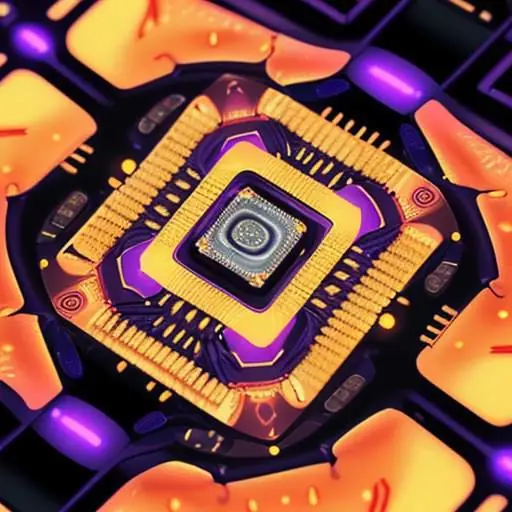 A macro shot of a sovereign AI processor chip glowing with purple and gold neural patterns, symbolizing independent national security and domestic computational power against a blurred server background.