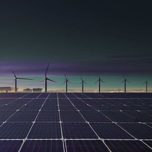 A sprawling renewable energy farm with solar panels and wind turbines powers a massive datacentre complex at twilight, highlighting energy security for digital infrastructure.