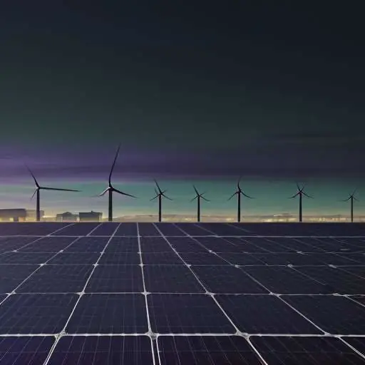 A sprawling renewable energy farm with solar panels and wind turbines powers a massive datacentre complex at twilight, highlighting energy security for digital infrastructure.