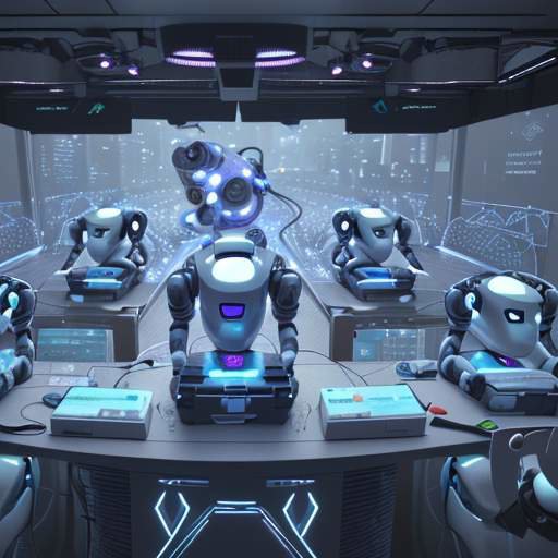 Collaborative robots working together in a smart city, connected by glowing data streams, symbolizing decentralized, resilient artificial intelligence.