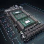 Diagram showing data bottlenecks between HBM memory and processing cores on an AI accelerator chip, visualizing data movement energy costs.