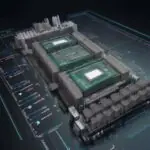 Diagram showing data bottlenecks between HBM memory and processing cores on an AI accelerator chip, visualizing data movement energy costs.