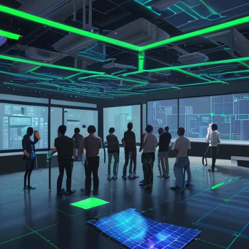 Diverse Entwickler und Studenten arbeiten konzentriert an einem holografischen Display, das komplexe, nachhaltige Datenzentrumskonzepte mit erneuerbaren Energien zeigt.