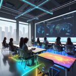Diverse students collaborate around a holographic table displaying personalized learning pathways, illustrating modern, tech-enhanced education and teamwork.
