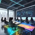 Diverse students collaborate around a holographic table displaying personalized learning pathways, illustrating modern, tech-enhanced education and teamwork.