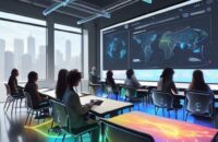 Diverse students collaborate around a holographic table displaying personalized learning pathways, illustrating modern, tech-enhanced education and teamwork.