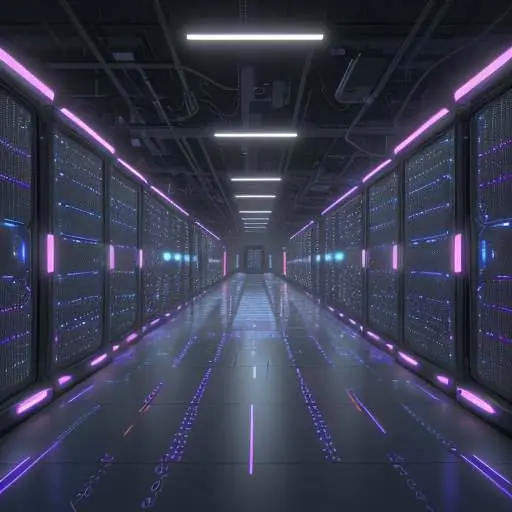 Dramatic visualization of a dense, glowing AI supercomputer rack using CPO technology, illustrating immense computational power in a future data center.