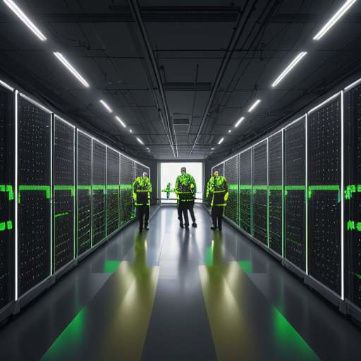 Engineers in high-visibility gear inspect rows of black server racks in a secure government facility, symbolizing local technical expertise and secure national infrastructure.