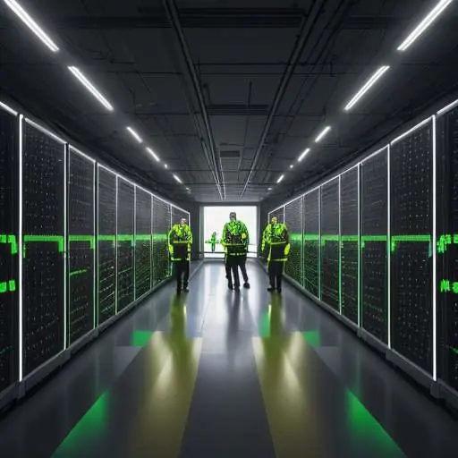 Engineers in high-visibility gear inspect rows of black server racks in a secure government facility, symbolizing local technical expertise and secure national infrastructure.