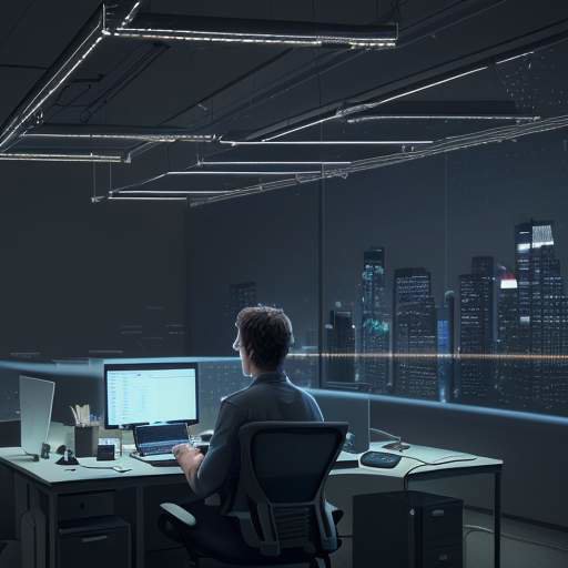 Entwickler arbeitet nachts in modernem Büro vor holografischem Display mit komplexem, farbcodiertem Code und KI-Analyse.