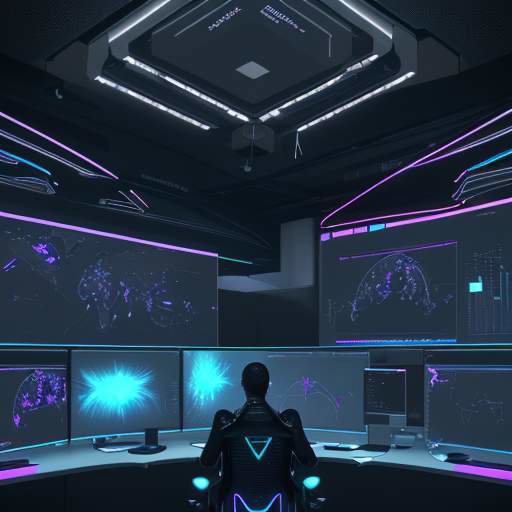 Futuristic design studio showing a designer interacting with glowing holographic interfaces displaying AI-generated architectural concepts and product mockups.