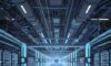 Futuristisches, detailliertes Bild eines riesigen, leuchtenden Rechenzentrums mit Supercomputern und blauen Energieleitungen, das die immense Komplexität der KI-Infrastruktur zeigt.