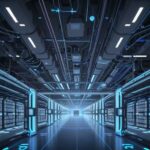 Futuristisches, detailliertes Bild eines riesigen, leuchtenden Rechenzentrums mit Supercomputern und blauen Energieleitungen, das die immense Komplexität der KI-Infrastruktur zeigt.