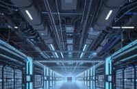 Futuristisches, detailliertes Bild eines riesigen, leuchtenden Rechenzentrums mit Supercomputern und blauen Energieleitungen, das die immense Komplexität der KI-Infrastruktur zeigt.