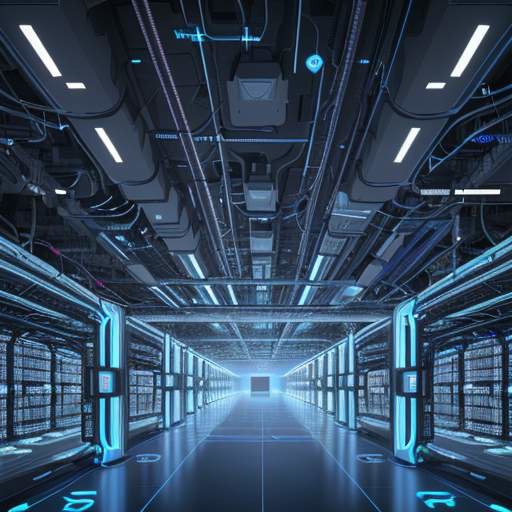 Futuristisches, detailliertes Bild eines riesigen, leuchtenden Rechenzentrums mit Supercomputern und blauen Energieleitungen, das die immense Komplexität der KI-Infrastruktur zeigt.