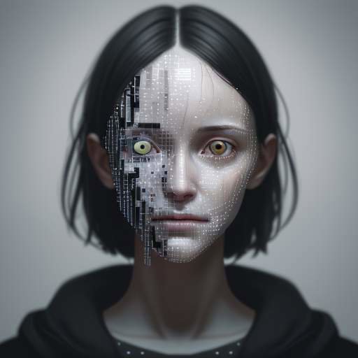 Glitching digital portrait suggesting artificiality, with unnervingly clear eyes hinting at hidden truths about AI-generated media.